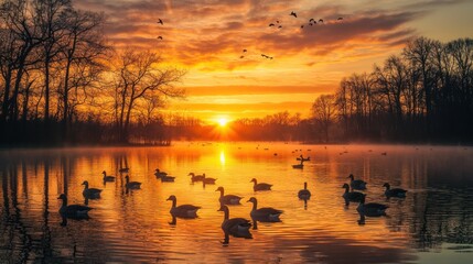 A serene sunset over a lake with swans and birds, creating a tranquil natural scene.