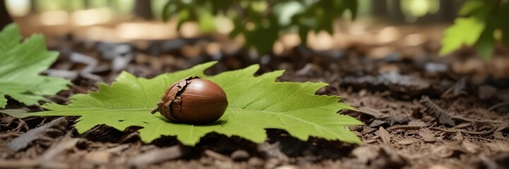 A single acorn lies partially hidden beneath a green oak leaf, woodlands, woodland, oak leaves