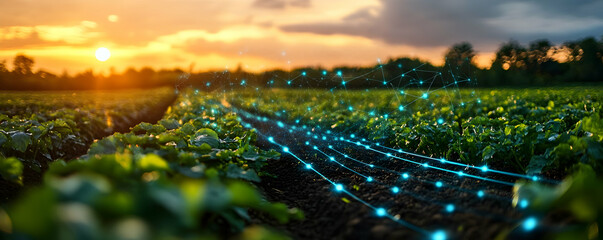 A sunset over a field with digital elements representing agricultural technology.