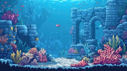 Video game underwater graphics, level design background, coral reef retro vintage gaming backdrop, anime water,