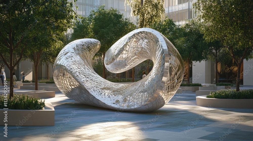 Poster a large-scale fractal sculpture placed in an open plaza, with spirals and curves reflecting both mod