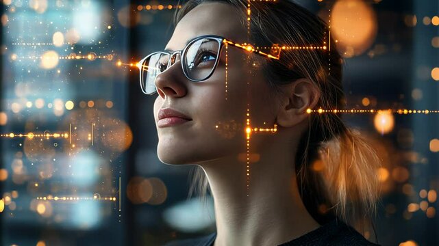 Reflective woman analyzing data overlay with futuristic hud elements