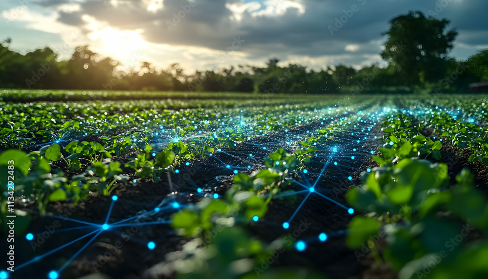 Poster a digital representation of a farm field with crops and network connections symbolizing technology.