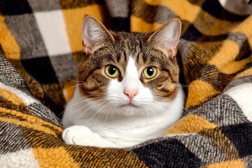 Cute Cat Relaxing on Cozy Blanket with Warm Tones and Patterns