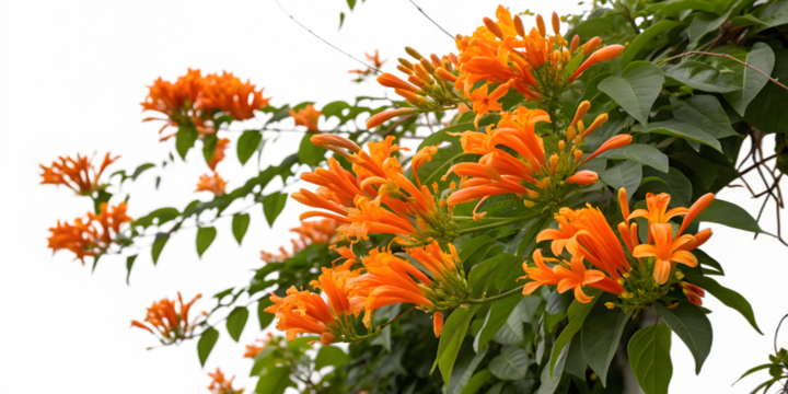 Flame Vine Branch with Vibrant Orange Flowers, Transparent Background. Perfect for: Tropical festivals, Brazil, summer events