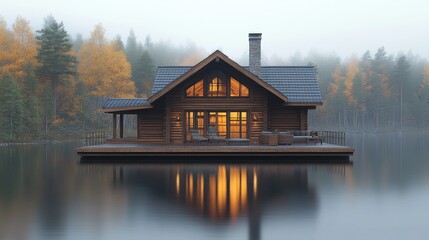 Fototapeta premium A serene wooden cabin by a lake surrounded by autumn trees in a misty landscape.