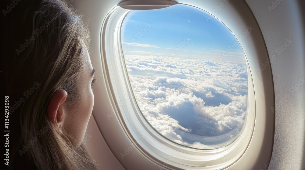 Poster a passenger looking out the window of an airplane, enjoying the view of clouds and sky.