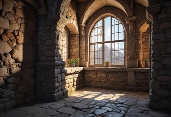 The tower's interior with ancient stone walls and old windows, architecture, countryside, ancient