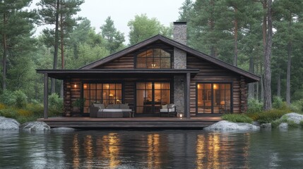 A serene lakeside cabin surrounded by trees, reflecting a peaceful retreat in nature.