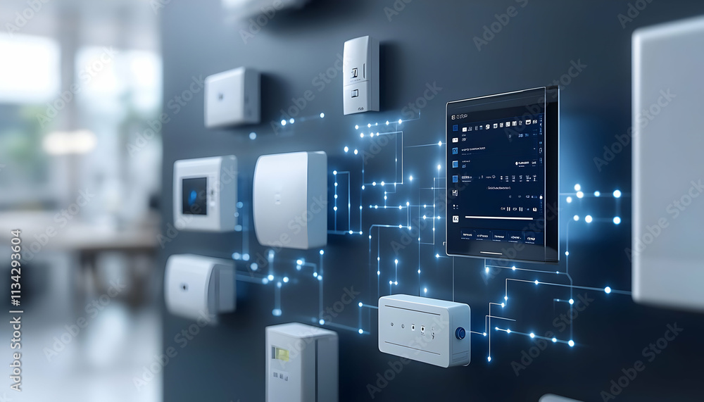 Poster a modern smart home control panel with various connected devices and a digital interface.