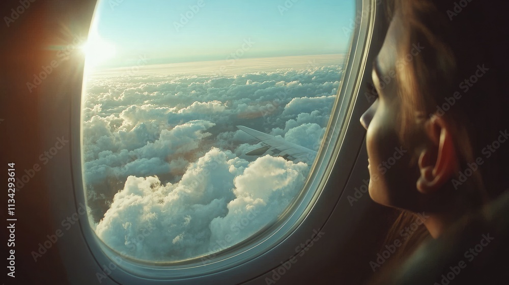Poster A passenger looking out the window of an airplane, enjoying the view of clouds and sky. 