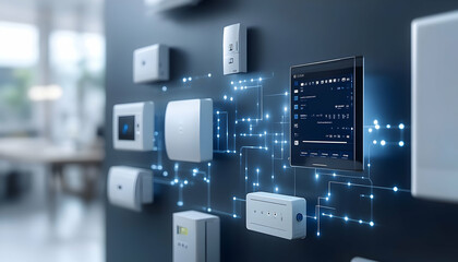 A modern smart home control panel with various connected devices and a digital interface.