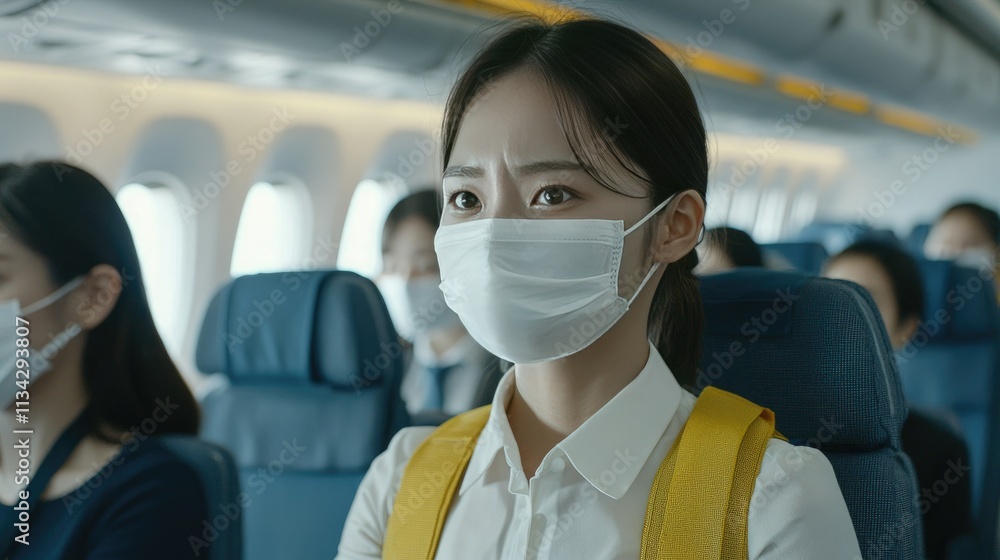 Aufkleber flight attendants wearing masks while serving passengers on a flight, ensuring safety during travel.