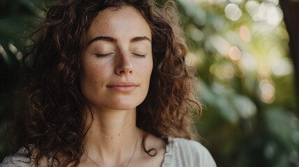 Naklejka premium A serene woman with curly hair, eyes closed, enjoys a moment of tranquility amidst lush greenery.