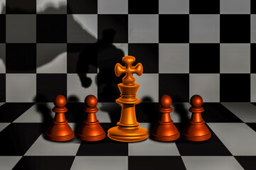 Chess image with the king representing leadership and the shadow of the king is the shadow of a superhero with strong power. Concept of business with strong leadership.