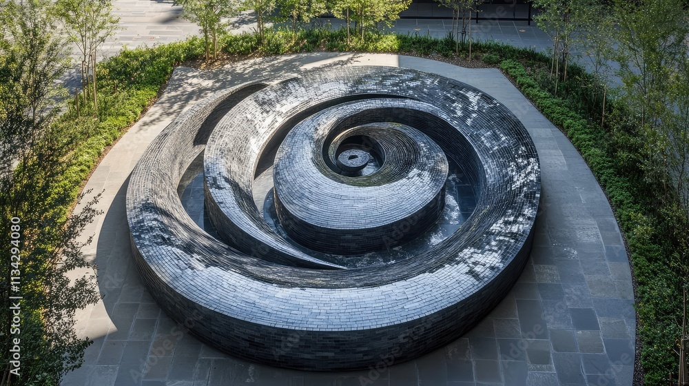 Poster a large-scale fractal sculpture placed in an open plaza, with spirals and curves reflecting both mod