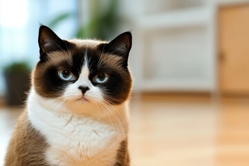 Adorable fluffy cat with striking blue eyes posing indoors in a well-lit modern room