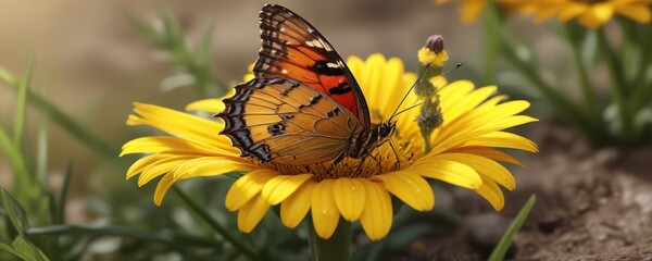 Butterfly lands on a bright yellow daisy to collect pollen with its feet, botanical garden, nectar source