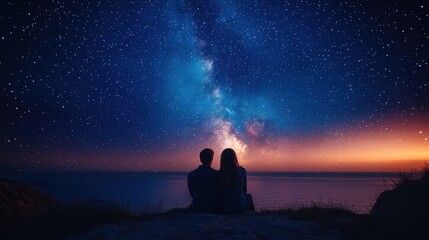 A couple gazes at a starry sky over the ocean, enjoying a serene moment together.