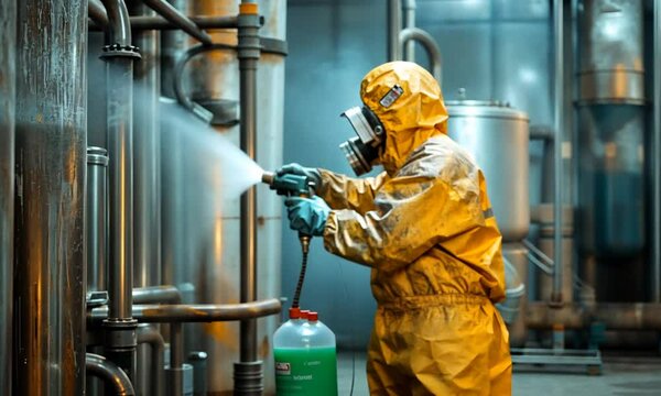 Worker in protective suit sandblasting metal surface.