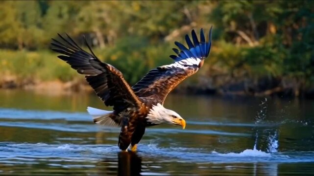 A majestic bald eagle with outstretched wings is about to dive into the water, possibly to catch a fish. The eagle is set against a serene background of a calm lake and lush green trees.
