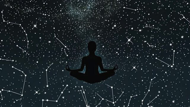 Meditative silhouette beneath starry constellations and cosmic patterns