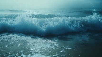 Ocean Waves Breaking on Shore with Mist Effect