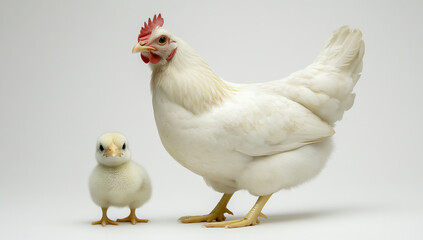 "White Hen and Its Chick Standing Side by Side, Isolated on a White Background"