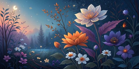 Obraz premium Enchanting Garden of Vibrant Flowers in Magical Twilight Light V6