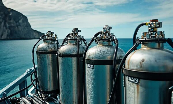 Scuba diving tanks on a boat near a cliff.