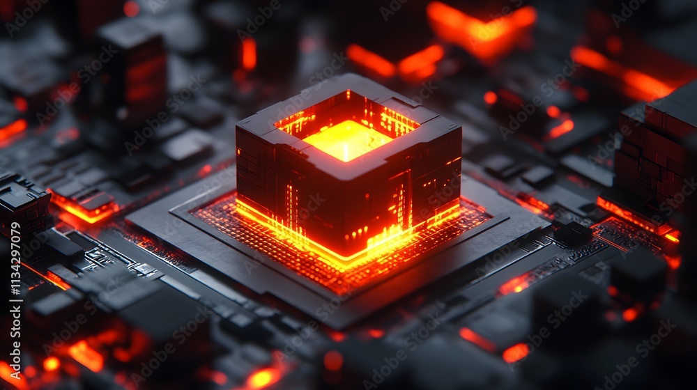 Aufkleber glowing orange cube cpu on a circuit board.