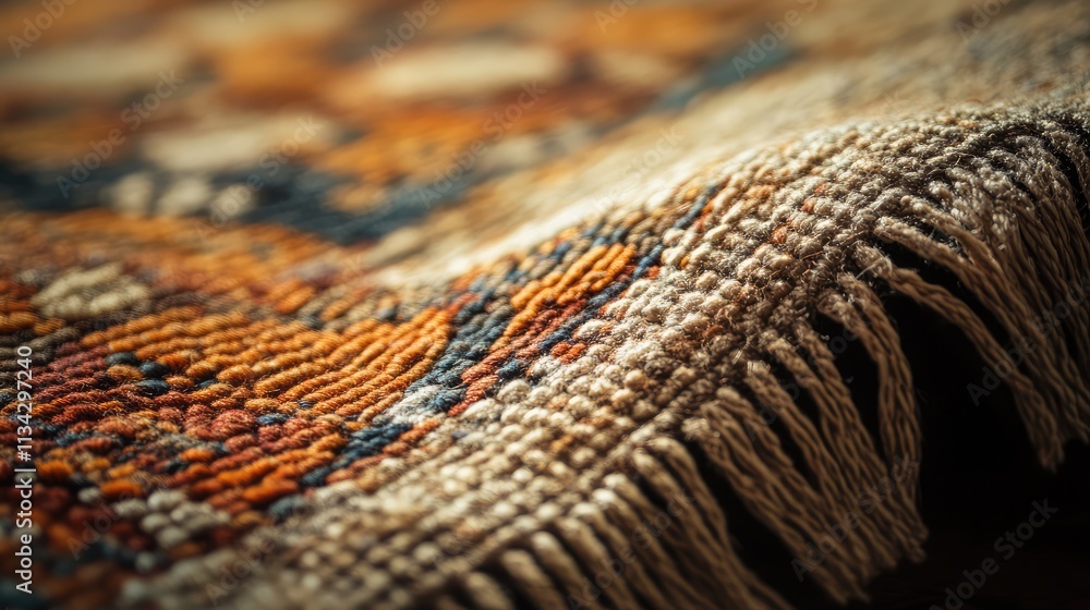 Poster a macro shot of a traditional woven rug, displaying intricate patterns and textures formed by weavin