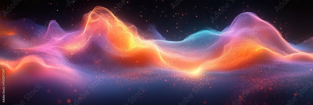 Poster a vibrant abstract representation of flowing waves of color and light.