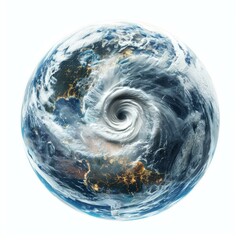 Hurricane forming a swirling vortex above earth, illustrating climate change, extreme weather, and environmental vulnerability