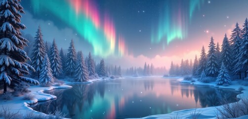 Snowy winter wonderland with serene lake, magical aurora borealis illuminating trees, forest. Surreal colors paint sky, snow. Frosted trees line tranquil lake. Magical enchanted scene perfect for