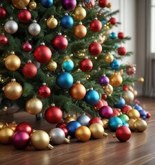 Obraz premium Colorful bauble ornaments scattered around the base of the Christmas tree , seasonal, ornaments, baubles