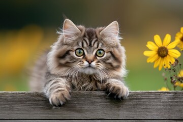 Cute fluffy cat with striking green eyes lying on wooden fence surrounded by yellow flowers