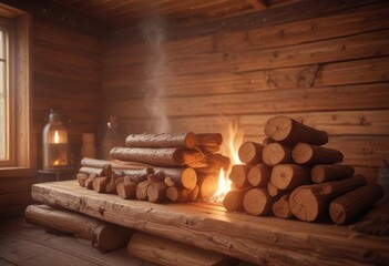 Steamy sauna ambiance with wooden logs in the background, warm glow, serenity