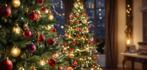 Twinkling candlelight on a decorated Christmas tree with ornaments and garlands, snowflakes, magical ambiance, evergreen branches