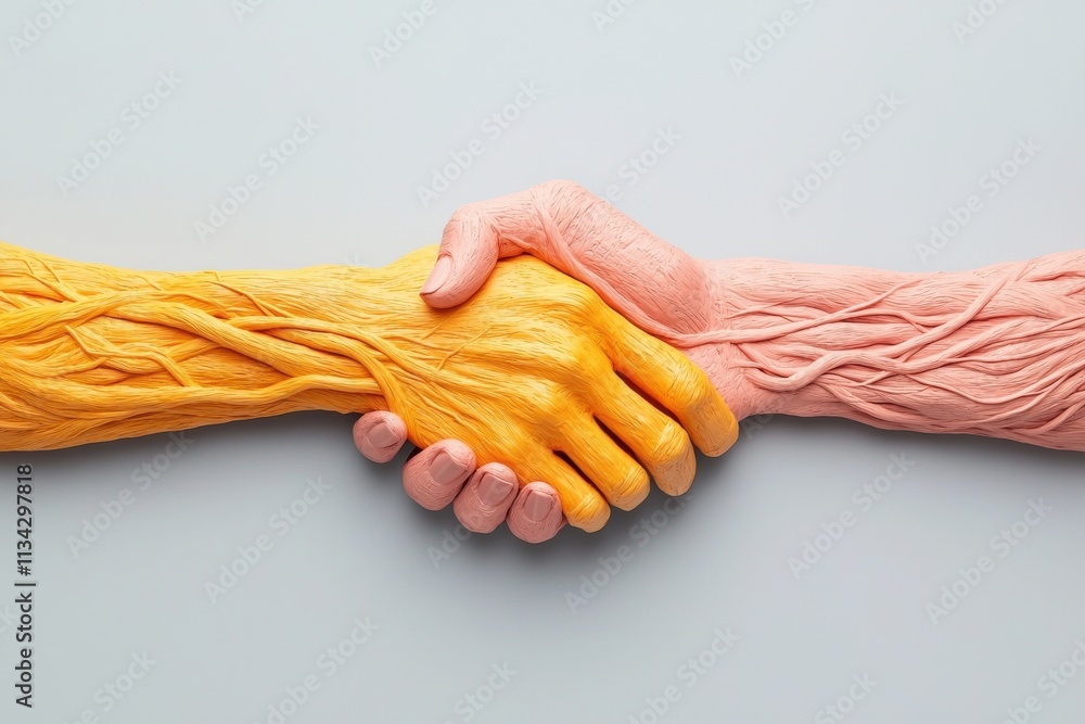 Poster two hands in a handshake, one textured like bark and the other like smooth skin, symbolizing connect