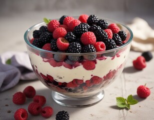 A bowl of mixed blackberries and raspberries with cream , bowl, creamy