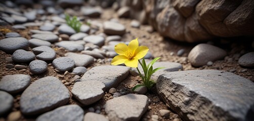 Obraz premium A delicate yellow flower growing from a narrow gap between two stones on the ground, warmth, blossom, gap