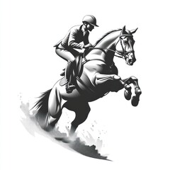 Rider and horse in mid-jump, monochrome illustration.