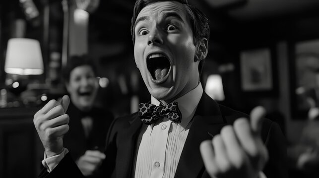 Excited man in tuxedo, open mouth, clenched fists.