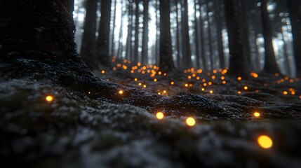 Glowing orbs illuminate a dark, snowy forest floor.