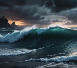 Fototapeta premium Dark mysterious ocean with waves crashing against the shore, textures, salty