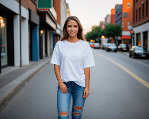Fototapeta premium Young woman wearing white oversized t-shirt and jeans standing on the street