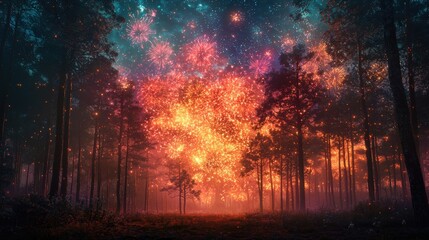 A vibrant New Yearâ€™s fireworks show above a dark forest with the tree silhouettes outlined by light The fireworks burst in vivid colors creating a magical scene in the quiet wilderness 