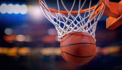 Close-Up of Basketball Swishing Through Net at NBA Hoop. Perfect Shot Captured Mid Flight, Highlighting Victory, Precision, and Intensity of Professional Basketball Moments in High Stakes Games