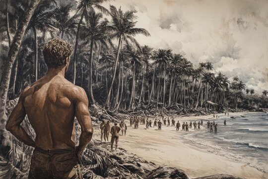 Solitary Figure on Tropical Beach, Observing Soldiers Landing